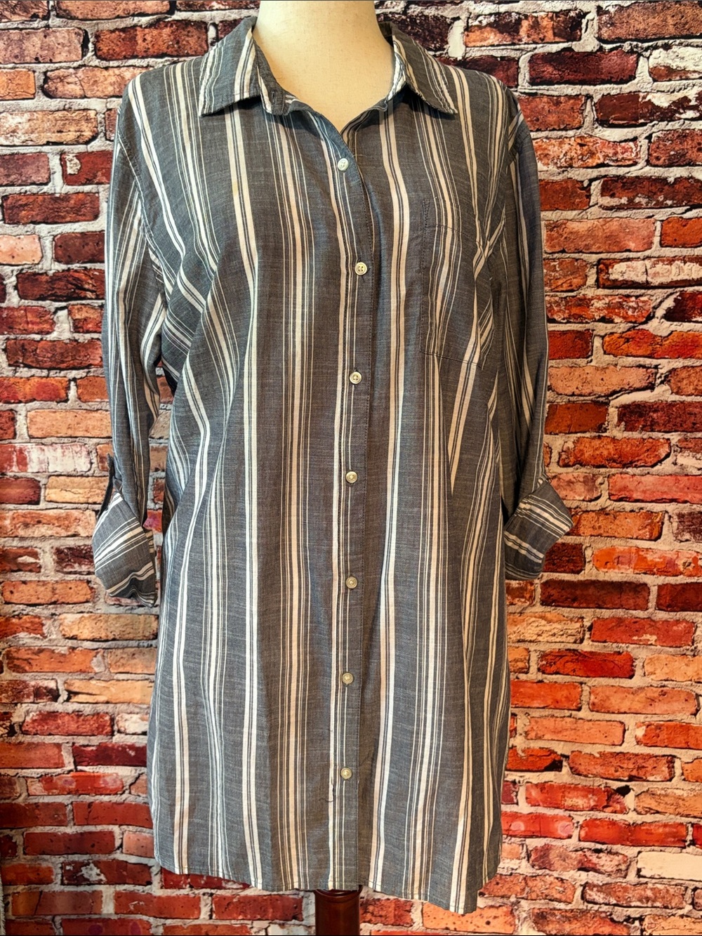 dip Gray and White Striped Button Up Shirt Dress XL